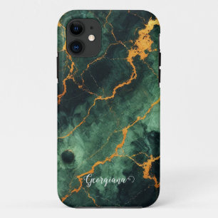 Case-Mate iPhone Case Forêt automnale personnalisée Marbre vert et or