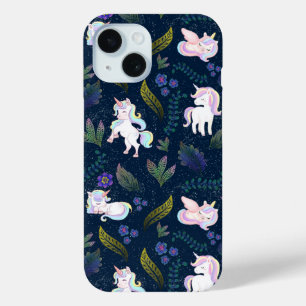 Coque Pour iPhone 15 Forêt de nuit licorne magique motif sans couture