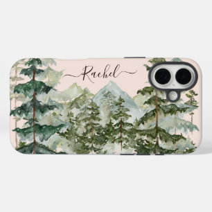 Coques iPhone 16 Plus Forêt de pins et montagne rustique à l'aquarelle