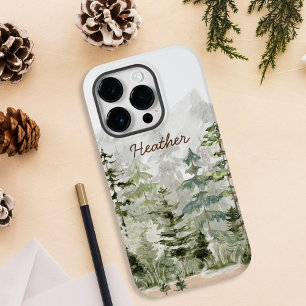 Coque Pour iPhone 14 Pro Forêt de pins verte aquarelle sur montagne Monogra