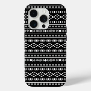 Coque iPhone 15 Pro Formes aztèques Motif blanc gris noir