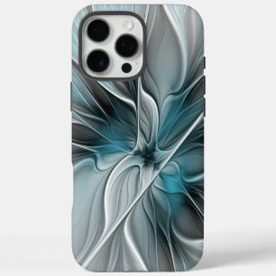 Coques iPhone 16 Pro Max Fractal Floral Moderne Abstrait Fleur Bleu Gris