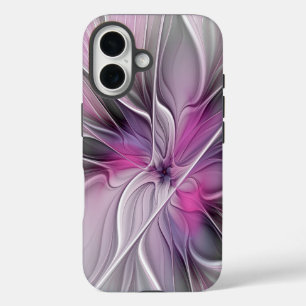 Coque Pour iPhone 16 Fractal Floral Moderne Abstrait Fleur Rose Gris