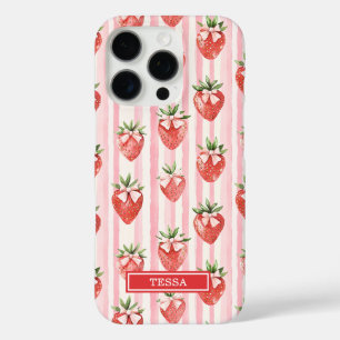 Coques iPhone 16 Pro Fraises à l'aquarelle avec des nœuds coquettes