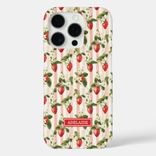 Coques iPhone 16 Pro Fraises à l'aquarelle sur rayures monogrammées