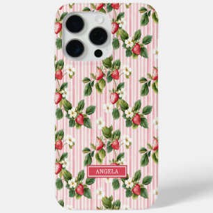 Coque iPhone 15 Pro Max Fraises à l'aquarelle sur rayures roses
