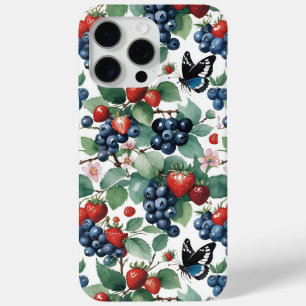 Coque iPhone 15 Pro Max Fraises Blueberries et papillons Floral