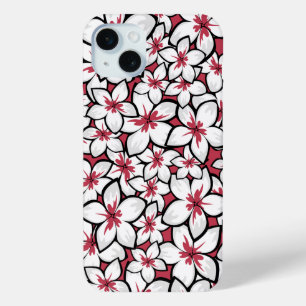 Coque iPhone 15 Mini Frangipani Motif Fuchsia rose et blanc