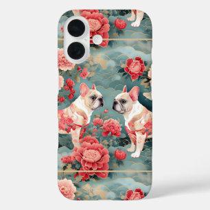 Coque Pour iPhone 16 French Bulldog Pastel Fleurs roses Vagues