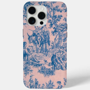 Coque iPhone 15 Pro Max French toile de jouy bleu et rose élégant
