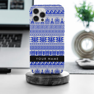 Coque iPhone 15 Pro Max Fret grec, Clé de méandre mixte, Bleu, Votre Nom
