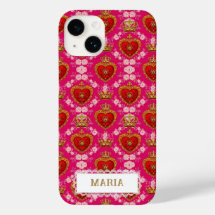 Coque Pour iPhone 14 Fuchsia Rose Maximaliste Couronne et Cœur Personna
