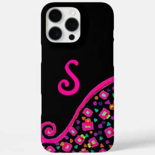 COQUES iPhone 16 PRO MAX FUCHSIE ROSE NOIR DÉCO MONOGRAM ABSTRAIT
