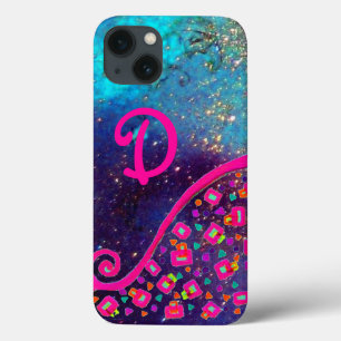 iPhone 13 COQUE FUCHSIE ROSE TURQUOISE BLEU ABSTRAIT DÉCO MONOGRAM