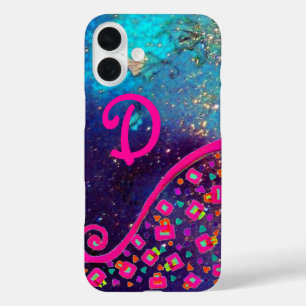 COQUES iPhone 16 PLUS FUCHSIE ROSE TURQUOISE BLEU ABSTRAIT DÉCO MONOGRAM