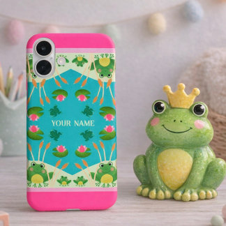 Coques iPhone 16 Plus Fun Frog Pattern Pink Green Custom Name
