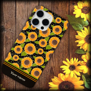 Coque iPhone 15 Pro Max Fun Tournesol Jaune Noir Motif Personnalisé Nom