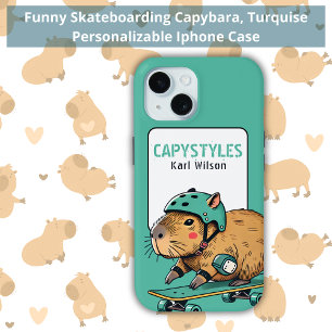 Coque Pour iPhone 15 Funny Skateboard Capybara Turquise