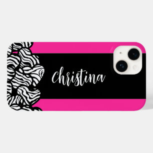 Coque Pour iPhone 14 Fuschia rose noir blanc zèbre motif nom du coeur