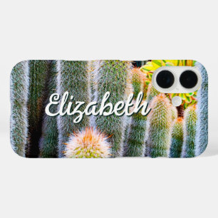 Coques iPhone 16 Fuzzy Green Cactus Succulent Photo Monogramme Nom