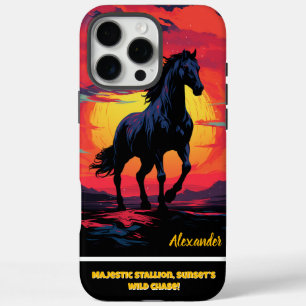 Coques iPhone 16 Pro Max Galeries de chevaux noirs au coucher du soleil par
