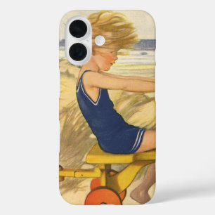 Coque Pour iPhone 16 Garçon vintage jouant à la plage avec des jouets d