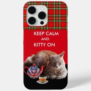 COQUE iPhone 15 PRO MAX GARDEZ CALME ET CHATON SUR ,TARTAN ROUGE CHAT THÉ