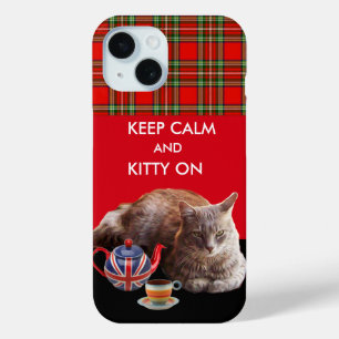 COQUE POUR iPhone 15 GARDEZ CALME ET LA CUISINE SUR, TARTAN ROUGE TÊTE 