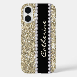 Coque Pour iPhone 16 Gemmes de Parties scintillant d'or avec nom et mon
