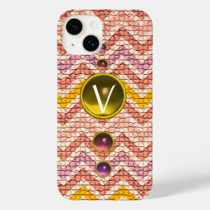 COQUE POUR iPhone 14 GEMMES JAUNES ROSES ET CHEVRONS MOSAÏQUES MONOGRAM