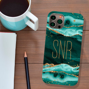 Coque Pour iPhone 14 Géode Agate Turquoise Monogramme Nom Parties scint