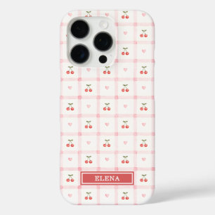 Coques iPhone 16 Pro Gingham Rouge avec Cerises et Rubans Monogrammé