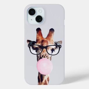 Coque Pour iPhone 15 Girafe portant des lunettes soufflant bulle rose g