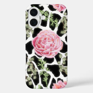 Coque Pour iPhone 16 Girafe rose et noire Motif et fleurs