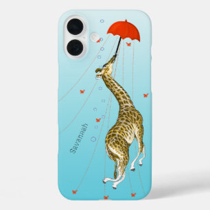 iPhone 16 Plus Case Girafe Vintage mignonne avec parapluie sur Aqua