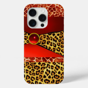 COQUE iPhone 15 PRO GIRAFFE LÉOPARD PEAU ROUGE GIRAFFE IMPRIMÉ GEMSTON