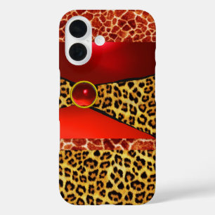 COQUES iPhone 16  GIRAFFE LÉOPARD PEAU ROUGE GIRAFFE IMPRIMÉ GEMSTON