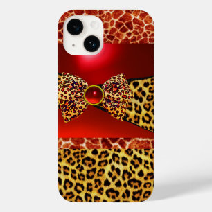 COQUE POUR iPhone 14 GIRAFFE LEOPARD SKIN BOW IMPRIMÉ, ROUGE RUBY GEMST