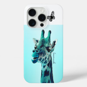 Coque iPhone 15 Pro Giraffe Vintage mignonne lick a Butterfly on Aqua