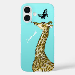 Coques iPhone 16 Giraffe Vintage mignonne lick a Butterfly on Aqua