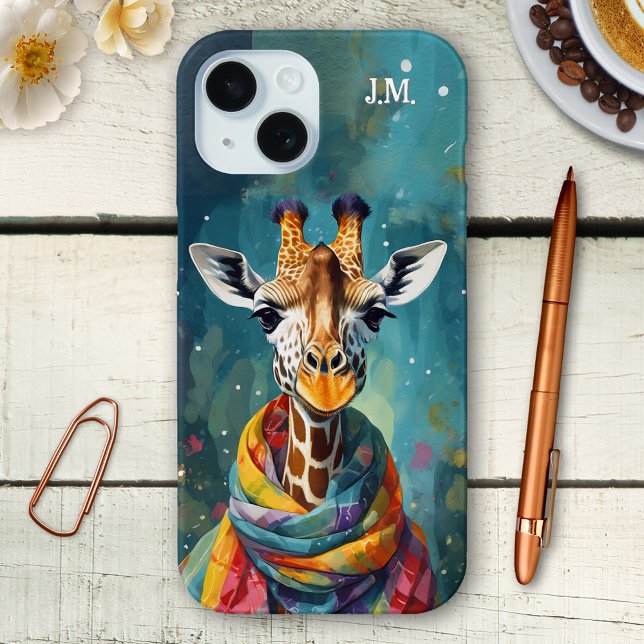 Coques Case-Mate iPhone Giraffe Whimsical Colorée (Phone case featuring a colorful painting of a giraffe with scarf. You can add your custom initials)