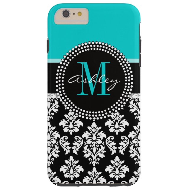 Coques Case-Mate iPhone Girl Aqua Black Damask Votre nom de monogramme (Dos)