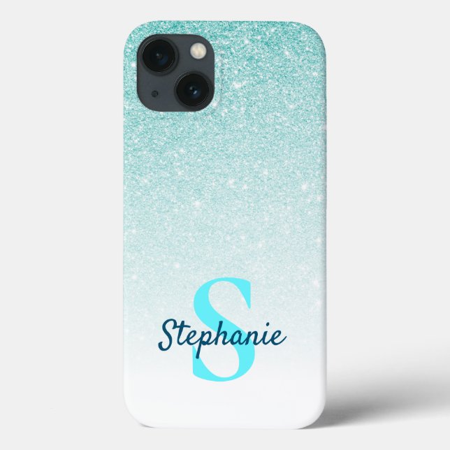 Coques Case-Mate iPhone Girl Aqua Parties scintillant bleue Ombre Monogram (Verso)