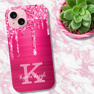 Coque Pour iPhone 15 Girly Hot Pink Glitter Drips Glam Monogram
