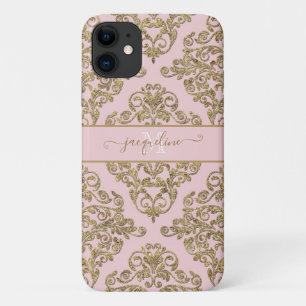 Case-Mate iPhone Case Girly Pink Gold Glitter Damask Monogramme Nom