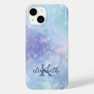 Coque Pour iPhone 14 Glaçons Monogramme Flocons de Neige Bleu Violet Te