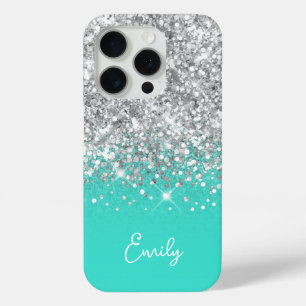 Coque iPhone 15 Pro Glam à Parties scintillant Turquoise et Argent