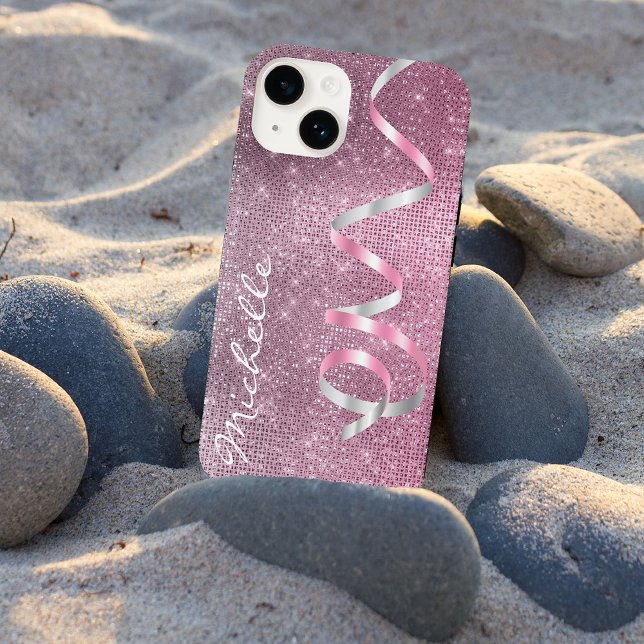 Coques Case-Mate iPhone Glam à ruban en argent rose (Créateur téléchargé)