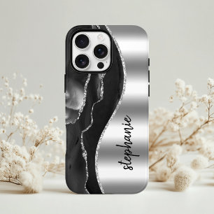 Case-Mate iPhone Case Glam Agate Géode Métallic Argent Noir Nom
