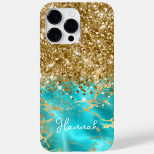Coque Pour Pour iPhone 14 Pro Max Glam doré Turquoise et Glitterie Personnalisé